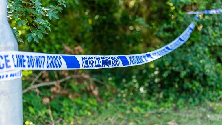 Police tape marks a rural crime spot - blue and white tape in front of leaves