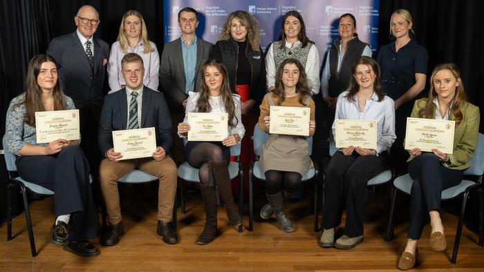A group shot of pig industry professionals and new Scholars at this year's Presentation event